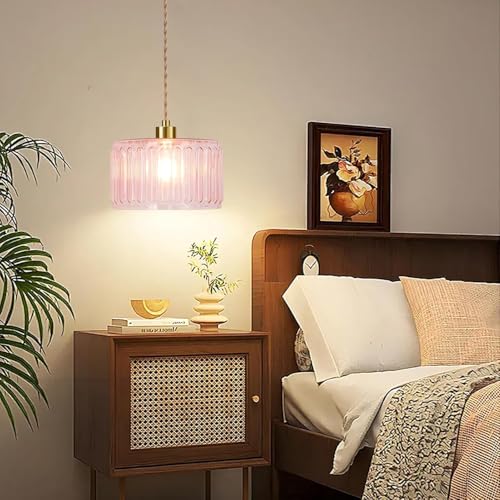 Pink Plug in Pendant Light Glass Hanging Lights with Plug in Cord Boho Hanging Lamp Gold Mid Century Modern Vintage Dimmable Flower Plug in Chandelier Ceiling Fixture for Living Room