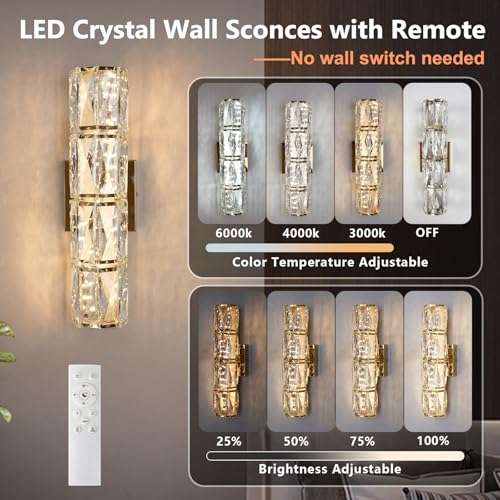 Gold Crystal Wall Sconce Dimmable LED with Remote for Bedroom
