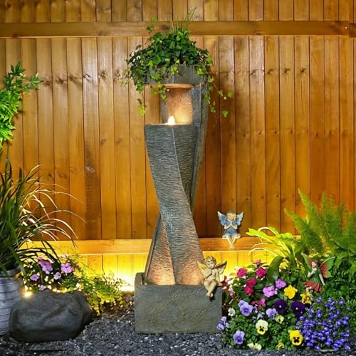 47.2" H Garden Fountains Outdoor Modern Water Fountain Indoor Floor Standing Large Waterfall with LED Lights and Pump for Patio Decor
