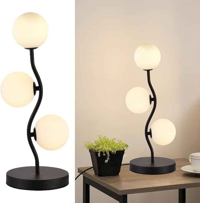 3-Light Curve Black Globe Table Lamp Mid Century Flower Beside Desk Table Light with Milk White Glass Shade Metal Base Nightstand Lamp for Bedroom Bedside