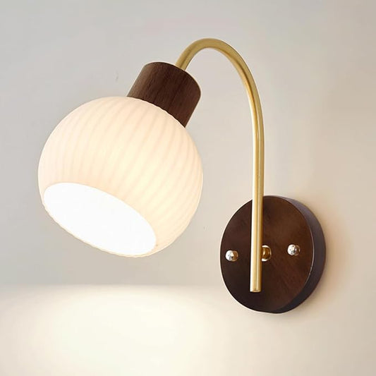 Nordic Solid Wood Wall Sconce Modern Milk White Glass Wall Light Gold Bedside Reading Wall Lamp, Wabi Sabi Japanese Style Stripe Globe Glass Art Decor Lighting Fixture for Bedroom E27