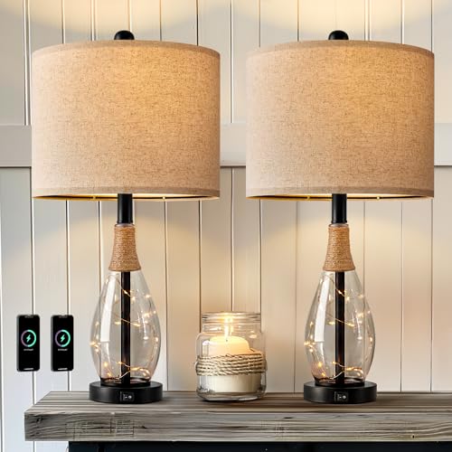 23" Table Lamps for Living Room Set of 2 Bedside Lamps for Night Stands Bedroom Lamps Farmhouse Rattan Boho Lamp Glass Nightlight End Table Lamp with USB C+A (2 Count)