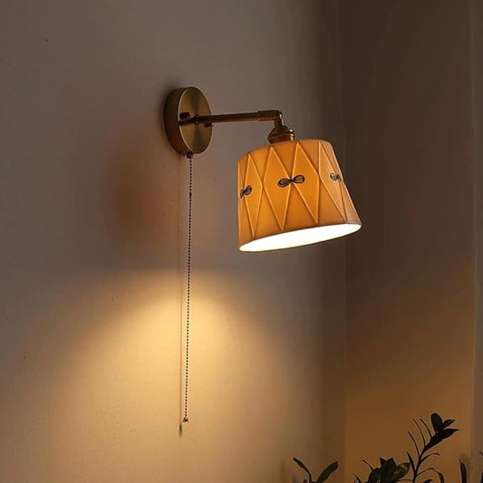 Modern Ceramic Wall Sconce Wabi Sabi Brass Wall Lamp with Rotary Switch, Adjustable Japanese Style Embossed Texture Glazed Ceramics Art Wall Lighting Fixture for Bedroom Cafe E27