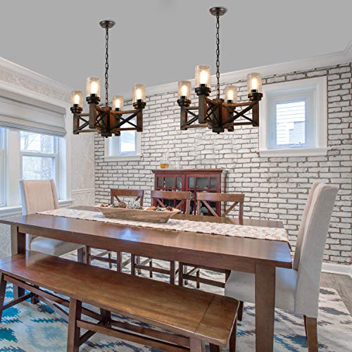 Wood Farmhouse Rustic Chandelier 4 Lights with Glass Shades