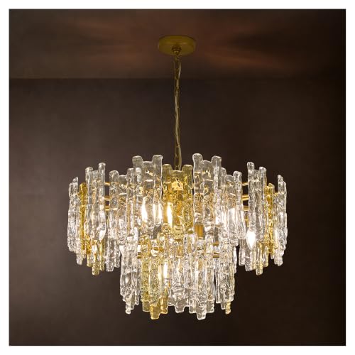 26 Inch Amber & Clear Ice Crack Crystal Glass Chandelier