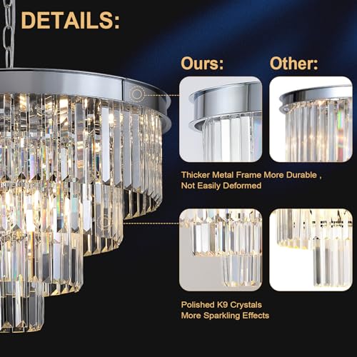 Modern Chrome Crystal Chandelier 24” Dining Room Pendant Light Fixture