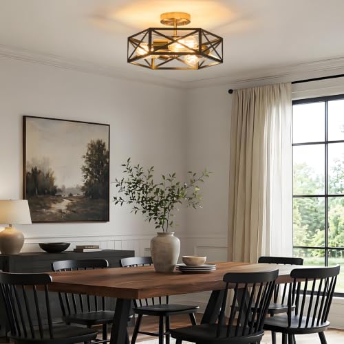 Farmhouse Black and Gold Semi Flush Mount Ceiling Light 14.6 Inch (Black and Gold / 14.6 Inch)
