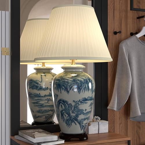 29" Blue and White Chinese Landscape Lamp