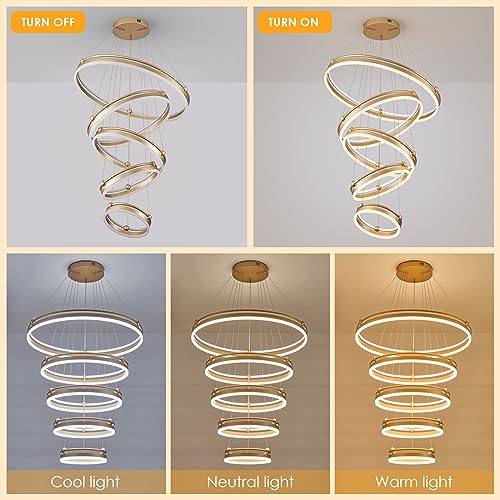 5 Rings Modern LED Chandelier Gold Dimmable Large High Ceiling Chandeliers Foyer