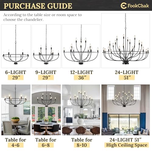 24 Light Black Chandelier 51'' Large Candle Chandeliers for High Ceiling Foyer Modern Farmhouse Chandelier Light Fixture for Large Living Room Dining Room Stairs Entry Restaurant Hotel