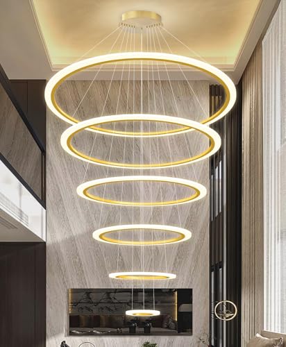 Modern LED Dimmable Chandelier 6 Ring High Ceiling Large Chandelier for Living Room Hanging Light Fixture for Foyer Staircase Gold