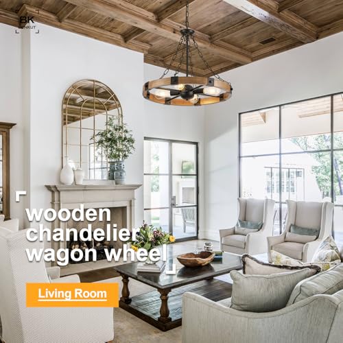 Farmhouse Wagon Wheel Chandelier 23.6" Oak Rustic Chandeliers 4