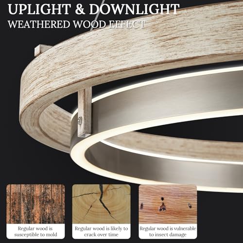 LED 2 Ring Chandelier Dimmable Up Down Light Weathered Wood Brushed Nickel