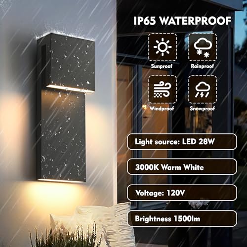 Modern LED Large Outdoor Wall Light 3000K 28W IP65 Waterproof Integrated LED Outdoor Wall Sconce Anti Rust Black Porch Lights Exterior Lighting Outside Lights Fixture for Garage