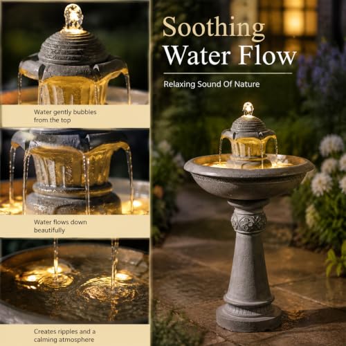 39.1H 2 Tier Outdoor Water Fountain with LED Lights Large Italian Resin Garden Fountain for Patio Yard Cascading Waterfall Feature with Quiet Pump Gray