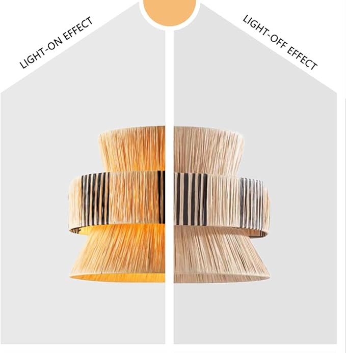 Raffia Pendant Light, Handwoven Wabi Sabi Hanging Lamp, Natural Fiber Dining Room Chandelier,Built-in Metal Frame,Retro Style Straw Woven Light Fixture with E27 Base for Living Room