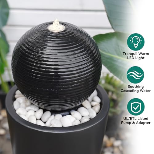 Autodaya 30"H Ceramic Sphere Water Fountain with LED Light for Garden Patio