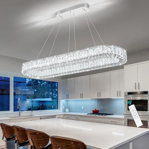 Modern Oval Chandelier Rectangular K9 Crystal Chandeliers for Dining Room Dimmable LED Light Fixture with Remote for Living Room Kitchen Light Silver