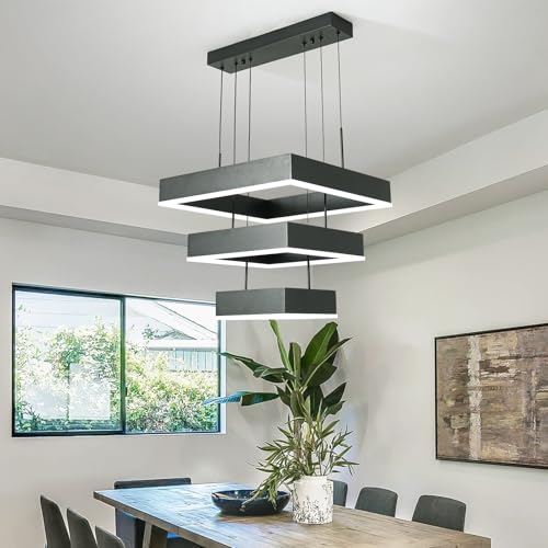 Modern Chandelier 58W LED Black Pendant Light Embedded Mount Square Rings LED Chandeliers Dining Room Light Fixtures for Kitchen Bedroom