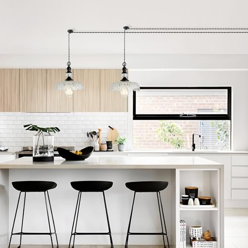 Plug in Glass Pendant Light Fixture Black Vintage Adjustable Chandelier Hanging Ceiling Light for Farmhouse Hallway Bedroom Foyer Kitcken Dining Room Island