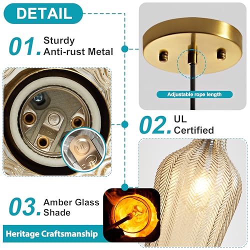 Amber Glass Pendant Lights Kitchen Island Gold Hanging Ceiling Light 6.7"