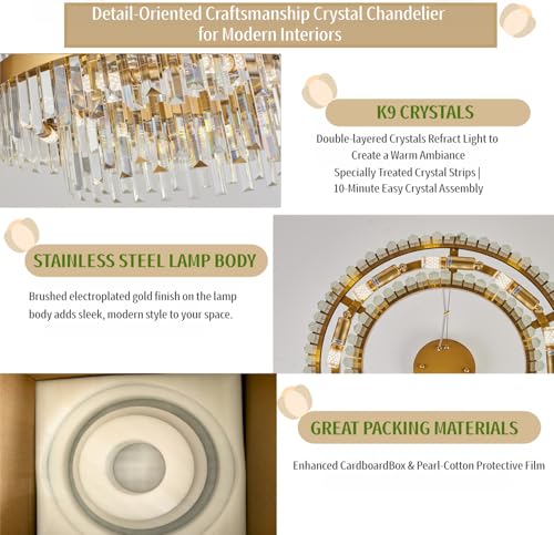 23.6" Brushed Gold Round Crystal Chandelier Dining Room Living Room