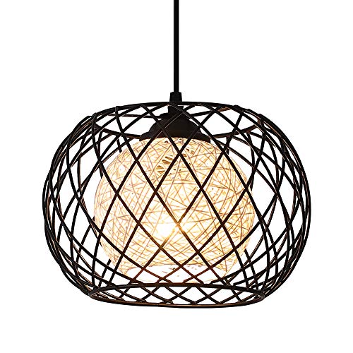 Black Metal Cage Rattan Pendant Light