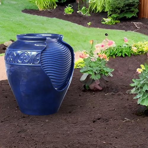 16.96 in. Outdoor Glazed Pot Water Fountain with LED Lights