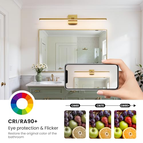 Gold Modern Bathroom Vanity Light 32 Inch 24W Dimmable 5CCT LED Bathroom Lighting Fixtures Over Mirror Brushed Gold Bar Vanity Lights for Bathroom Mirror Cabinets Bedroom