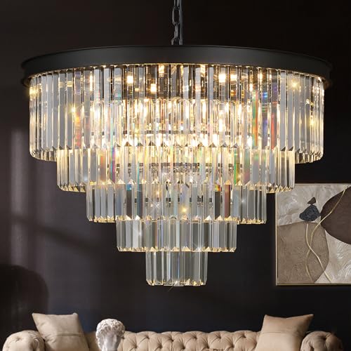 Large Crystal Chandelier Modern Black 30" Round Light Fixture Staircase