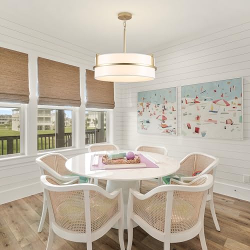 19.7" Modern Drum Pendant Light Gold Chandeliers with White Linen Shade