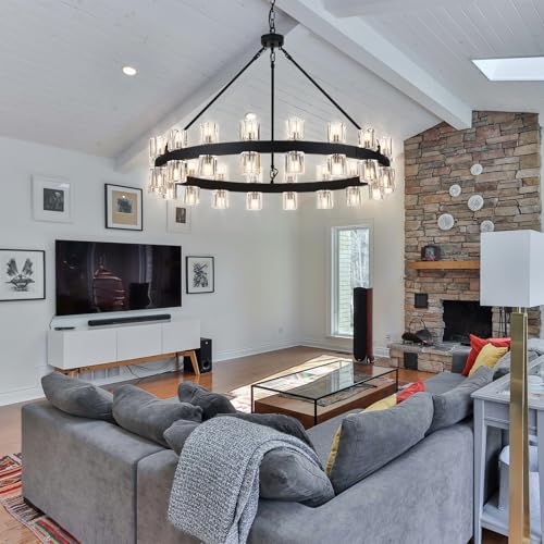 36 Inch Black Wagon Wheel Chandelier with Crystal Shade