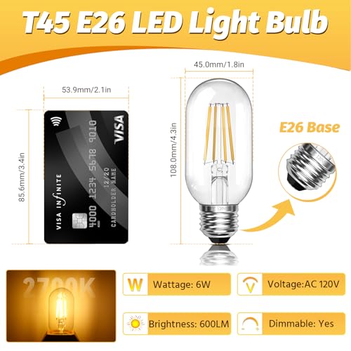 Dimmable Vintage E26 6W LED Edison Bulbs 60W Equivalent 600 Lumens 2700K Warm White CRI90 T45 Antique LED Bulb Clear Glass for Chandeliers (2 Count)