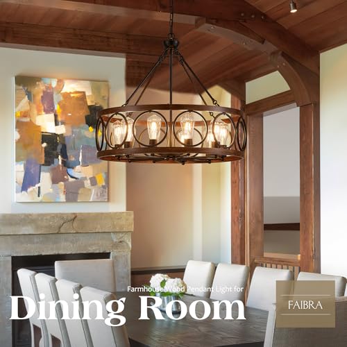 10 Light Farmhouse Drum Wood Pendant Light