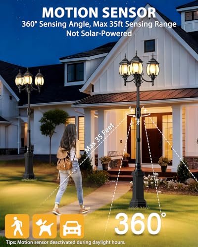 3 Head Motion Sensor Outdoor Post Lights with GFCI Outlet Built in