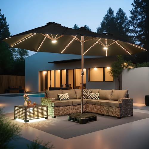 15ft Large Patio Umbrellas with Base & Solar Lights