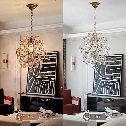 Gold Modern Pendant Chandelier Crystal Raindrop Lighting Ceiling Light Fixture Lamp for Dining Room Bathroom Bedroom Livingroom entryway 1 E26 Bulbs Required D13 in x H16 in