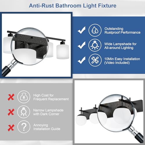 24 Inches Black Vanity Lights for Bathroom E26 Base White Lampshape