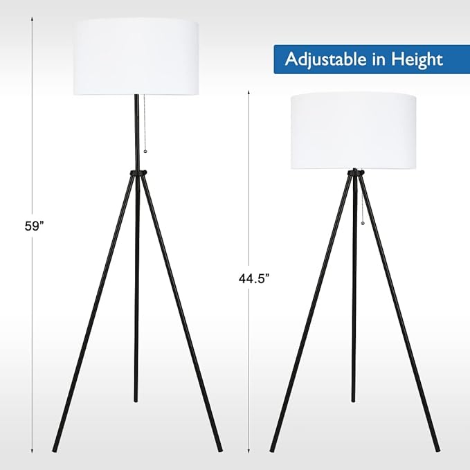 O’Bright Tripod Floor Lamp, Adjustable in Height, 100% Metal Body with Linen Drum Shade, E26 Socket, Bedside Lamp, Standing Light for Living Room, Bedroom, Office, Black