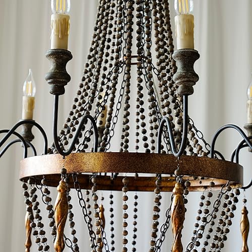12 Light French Country Wood Beaded Chandelier