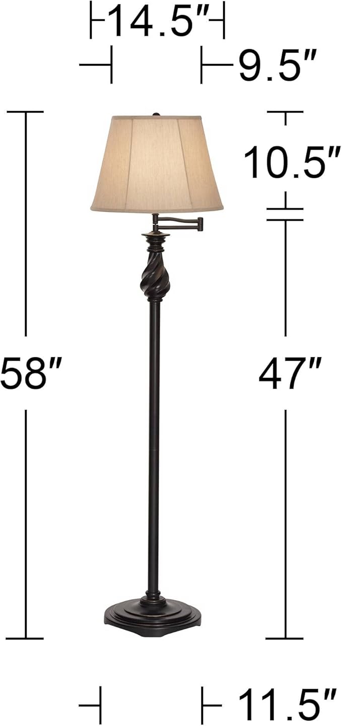 Regency Hill Traditional Adjustable Swing Arm Floor Lamp 58" Tall Painted Restoration Black Bronze Swirl Font Faux Silk Beige Drum Shade for Living Room Reading House Bedroom Family Home
