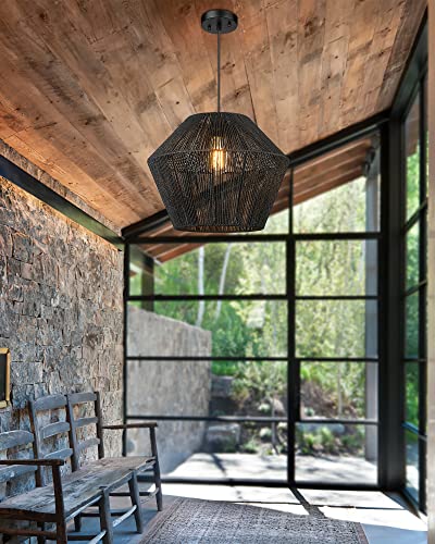 16.5” Large Modern Woven Chandelier Farmhouse Coastal Pendant Light Fixtures Matte Black Handwoven Rattan Basket Shade Boho Pendant Hanging Lamp for Kitchen Dining Room Bedroom Foyer Hallway
