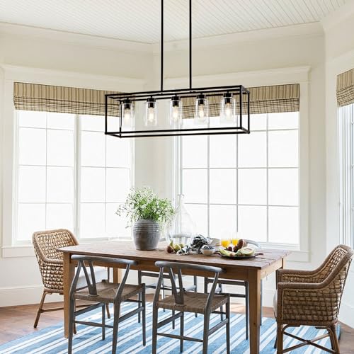 5 Light Dining Room Light Fixture Matte Black Farmhouse Chandelier Over Table Rectangular Kitchen Pendant Lighting Rectangle Modern Industrial Living Room Hanging Lights Adjustable Height