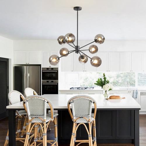 8 Lights Mid Century Modern Matte Black Chandelier Glass Globe Sputnik Chandelier Large Smoke Gray Ball Sputnik Hanging Pendant Light Kitchen Island Living Room Dining Room Bedroom Light Fixture