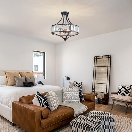 Black Crystal Chandelier Semi Flush Mount Ceiling Light Fixture Round Rustic Farmhouse 4