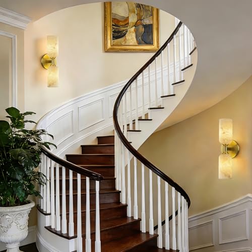 Natural Alabaster Wall Sconces Modern Gold Wall Lamp 14in Milky White Alabaster Vanity Wall Lighting for Bedroom Bathroom Staircases Hallway（Included G9 Bulb