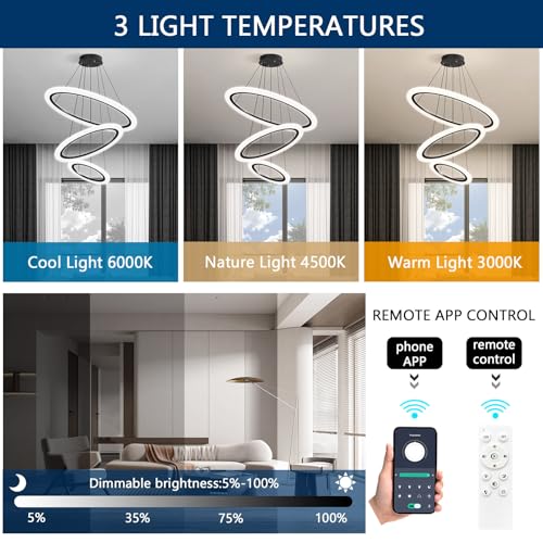 Modern LED Chandelier 3 Ring Chandelier for Dining Room Living Room Pendant Lighting High Ceiling Hanging Light Fixture for Bedroom Foyer Black