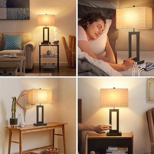 22" Brown Modern Table Lamp Set of 2 with 2 USB Ports&AC Outlet (2 Count)