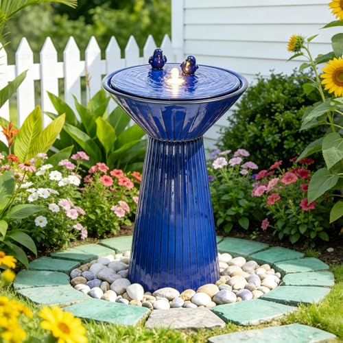 Autodaya 28" Ceramic Outdoor Water Fountain LED Birdbath