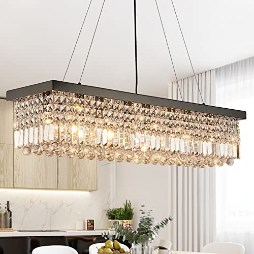 Rectangle K9 Crystal Chandelier Modern Rectangular Pendant Lighting Fixture for Dining Room Kitchen Island Bedroom Black L40 x W10 x H10